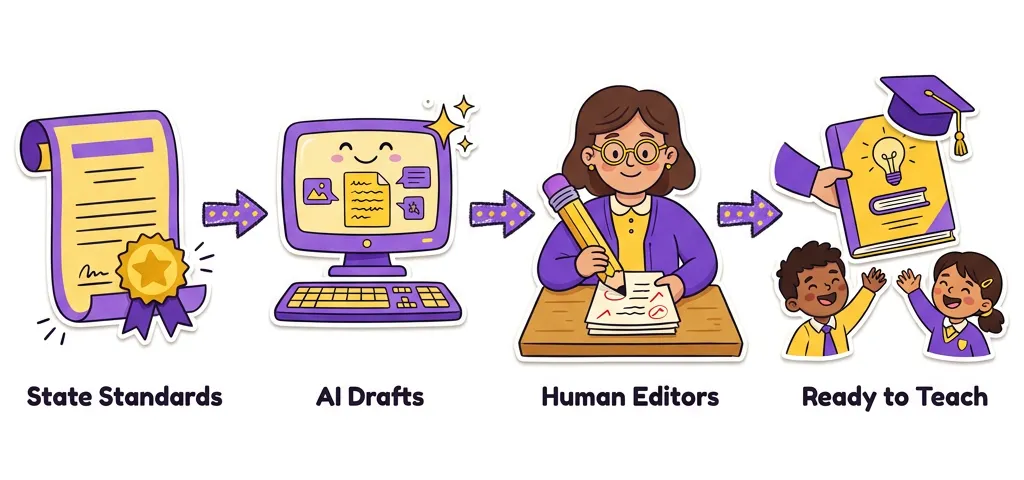 Four-step process: a sealed state standards document goes to Pallas AI, which drafts the curriculum; a human editor reviews and marks up the draft; the finished unit reaches happy students, ready to teach.