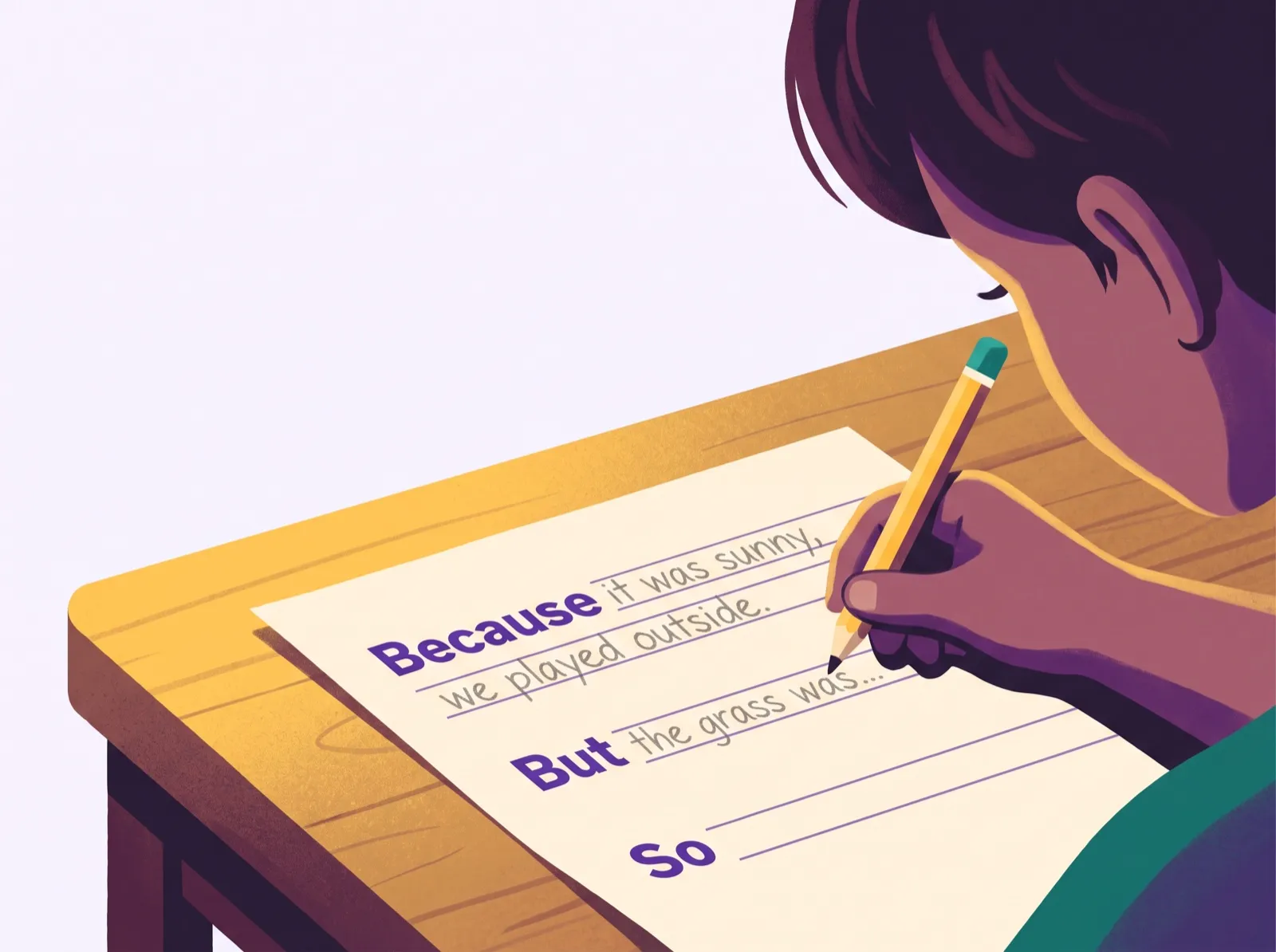 A child's hand writing a Because, But, So sentence on a worksheet