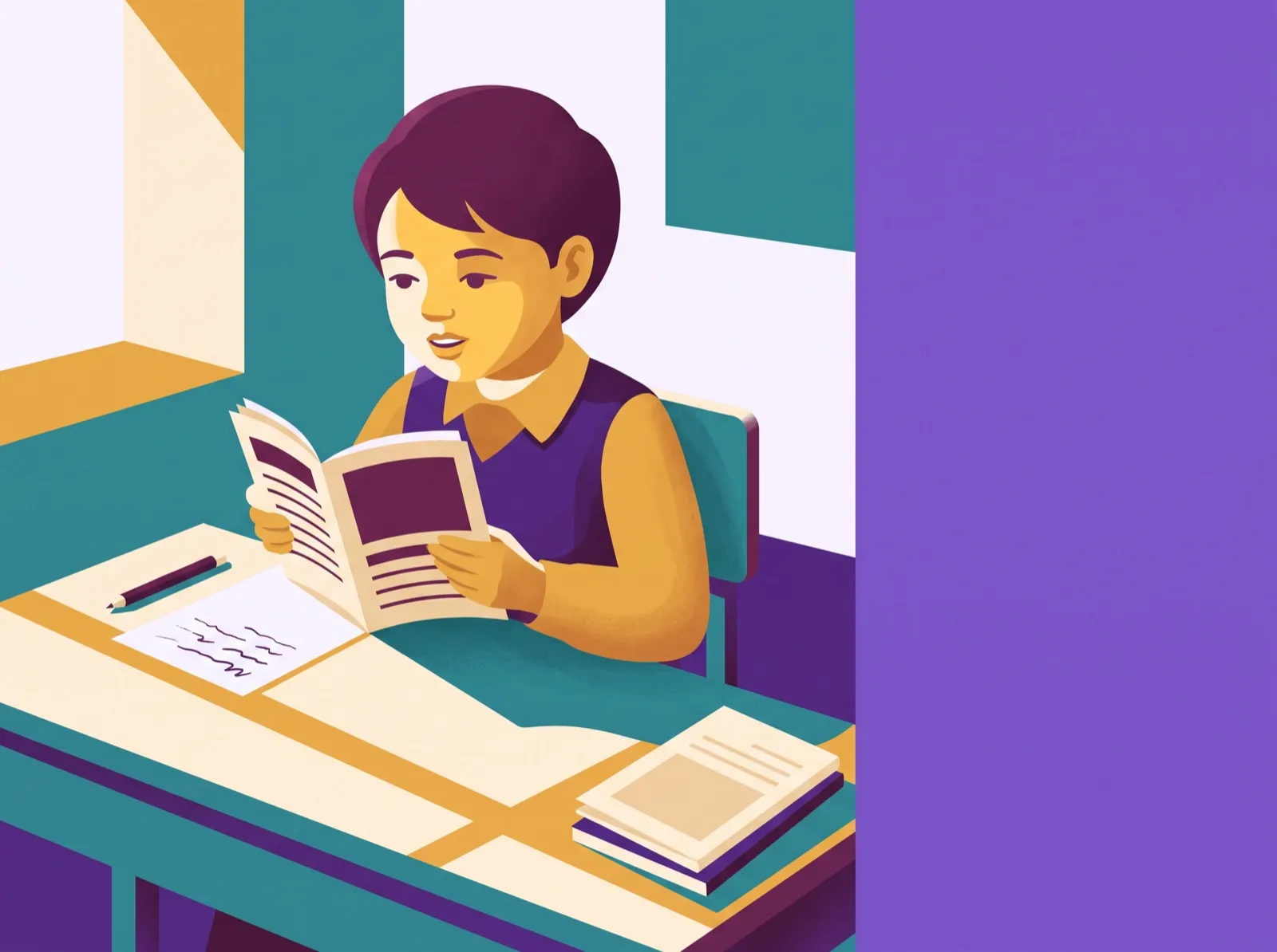 A child at a school desk, absorbed in a Pallas history reading